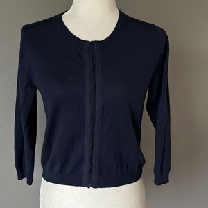 Boden Navy Blue Wool Hook Closure Cardigan with Ruffle Detail and 3/4 Sleeves